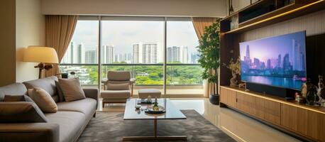 ein Blick von meine Singapur Leben Zimmer einschließlich ein Fernseher Konsole und Einrichtung auf April 6 2019 foto