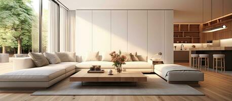 gerendert Illustration von ein zeitgenössisch und bequem Leben Zimmer mit ein groß Couch Kaffee Tabelle Anhänger Beleuchtung Balkon hölzern Fußboden und Küche foto