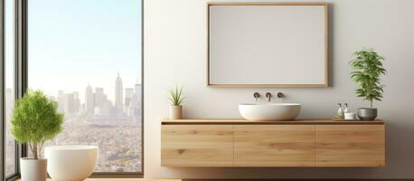 modern Badezimmer mit hölzern sinken Kabinett Parkett Fußboden und Stadt Aussicht von Panorama- Fenster mit Grün Pflanze auf Weiß Mauer Hintergrund foto