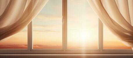 Sonnenaufgang gesehen durch Fenster und Vorhänge im das Morgen foto