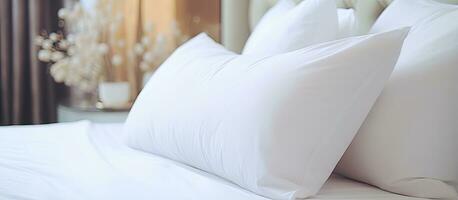 Hotel Schlafzimmer mit ein Weiß Kissen auf das Bett Erstellen ein komfortabel Innere Dekoration foto