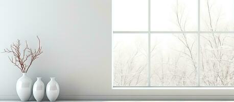 minimalistisch Zimmer mit Vasen Dekor auf Mauer Fenster Aussicht nordisch Zuhause Innere visuell foto