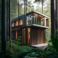ein modern Zuhause eingebettet im ein üppig Wald generativ ai foto