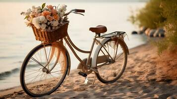 Fahrrad mit ein Gelb Blume Korb Nächster zu das Meer. foto