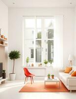 ein Weiß Couch mit Orange Kissen im ein Zimmer mit Fenster. generativ ai foto