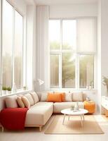 ein Weiß Couch mit Orange Kissen im ein Zimmer mit Fenster. generativ ai foto