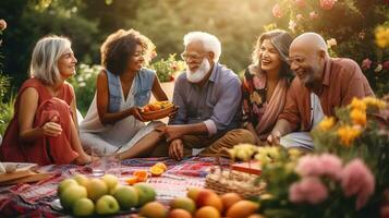 glücklich Senior vielfältig Menschen Sitzung auf Decke und haben Picknick im Garten foto