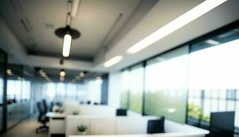 verschwommen Hintergrund von ein Licht modern Büro mit Panorama- Fenster und schön Beleuchtung ai generiert foto