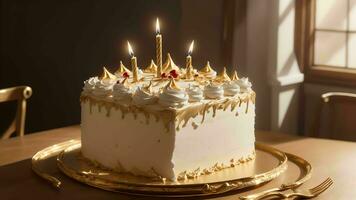 ein Feier von Freude mit ein elegant Geburtstag Kuchen golden ai generiert foto