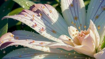 Wasser Tröpfchen auf ein schön Blume auf ein Tautropfen Makro Fotografie ai generiert foto