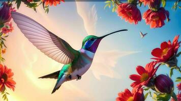 das zauberhaft Momente von Kolibri suchen Blume Nektar ai generiert foto