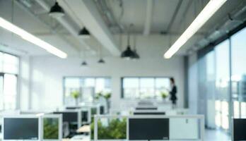 verschwommen Hintergrund von ein Licht modern Büro mit Panorama- Fenster und schön Beleuchtung ai generiert foto