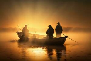 Fischer im Boot beim Sonnenaufgang, Silhouetten von Menschen auf See oder Fluss. generativ ai foto