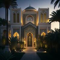 realistisch arabisch Stil Villa mit realistisch Fachmann Fassade Beleuchtung ist das Gegenstand generativ ai foto