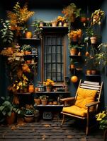 ein Zimmer mit Pflanzen auf Regale und ein Stuhl. generativ ai foto