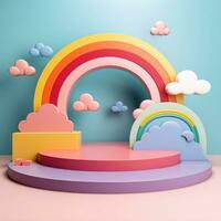 3d Rendern Podium Kind Stil, bunt Hintergrund, Wolken und Wetter mit leeren Raum zum Kinder oder Baby Produkt. hell Farben. foto