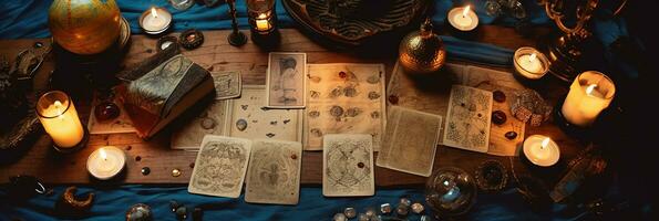 mystisch Ritual mit Kerzen und Tarot Karten, oben Aussicht foto