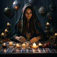 jung schön Mädchen Vermögen Erzähler mit Tarot Karten. Mystik, Divination und Divination. foto