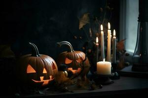 Halloween Kürbisse und Kerzen auf Holz Fußboden im dunkel Innere foto