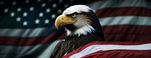 schließen oben Foto von Adler und amerikanisch Flagge auf Hintergrund Unabhängigkeit Tag Banner