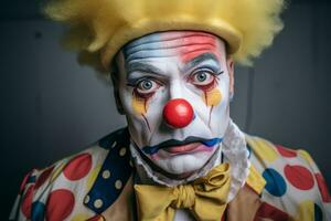 ein schließen oben von ein Clown mit seine Gesicht gemalt rot und Gelb generativ ai foto