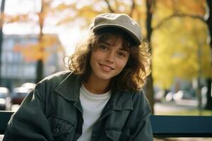 ein jung Frau tragen ein Hut und Jacke Sitzung auf ein Park Bank generativ ai foto
