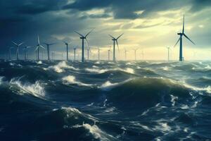 Off-Shore Wind Bauernhof. Wind Generatoren im Meer. generativ ai foto