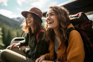 zwei weiblich freunde im Auto Fahren auf Straße, haben Straße Reise, Palme Bäume um. ai generativ foto