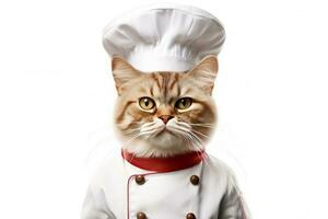 süß flauschige Kitty Katze Koch mit Kostüm bereit zu Kochen zum Abendessen isoliert auf Weiß Hintergrund, komisch Moment, Haustier Konzept, mit generativ ai. foto