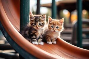 süß wenig Kätzchen Katzen Das spielen zusammen beim Spielplatz mit Glück, komisch Moment von Haustier, flauschige Katze, mit generativ ai. foto