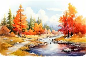 Herbst Aquarell illustriert ein bunt Landschaft mit Orange rot und Gelb Bäume Erfassen das Wesen von das fallen Jahreszeit zum ein Postkarte foto