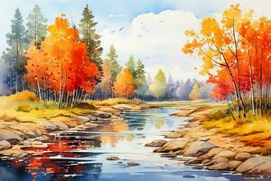 Herbst Aquarell illustriert ein bunt Landschaft mit Orange rot und Gelb Bäume Erfassen das Wesen von das fallen Jahreszeit zum ein Postkarte foto