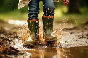 Gummi Stiefel Regen Pfütze und ein Spaß Lifestylesplashing im Pfützen mit Füße foto