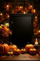 schwarz Speisekarte Tafel mit Herbst Dekorationen mit ein Schild Attrappe, Lehrmodell, Simulation und Kürbisse 3d Illustration foto