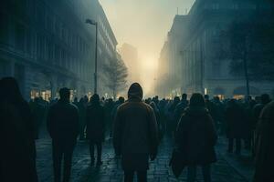 ein dunstig Gruppe von unbekannt Menschen Versammlung auf das Straße foto