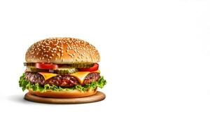 frisch lecker Cheeseburger auf hölzern Tafel isoliert auf Weiß Hintergrund mit Kopieren Raum. ai generiert foto