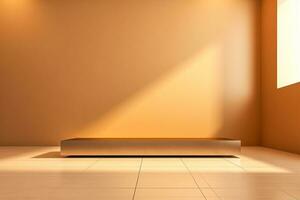 minimalistisch abstrakt Licht Beige golden Hintergrund zum Produkt Präsentation mit Vorfall Licht von Fenster auf Mauer und Fußboden foto