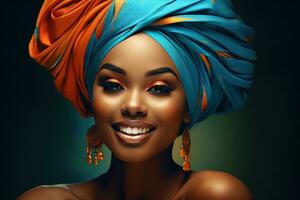 ein jung schwarz Frau mit ein Orange Turban Über lebendig Hintergrund foto