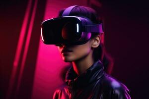 schön jung Frau im vr Brille im dunkel Neon- Wellen Technologie Hintergrund foto