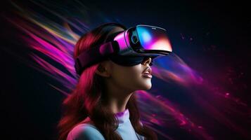 schön jung Frau im vr Brille im dunkel Neon- Wellen Technologie Hintergrund foto