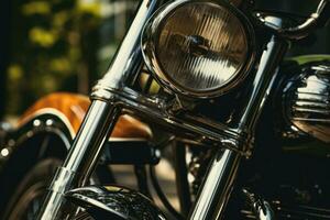 schließen oben Aussicht von ein glänzend Motorrad Einzelheiten , ai generiert foto