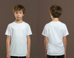 Vorderseite und zurück Ansichten von ein wenig Junge tragen ein Weiß T-Shirt. ai generiert foto