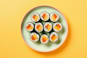 Sushi Rollen auf Teller auf hell Hintergrund, minimal Konzept, oben Sicht. ai generiert foto