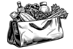 Lebensmittelgeschäft Tasche voll von Essen Gravur skizzieren Vektor handgemalt Illustration. foto