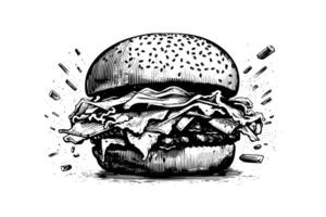 Burger Gravur Stil Kunst. Hand gezeichnet Vektor Illustration von Hamburger. foto