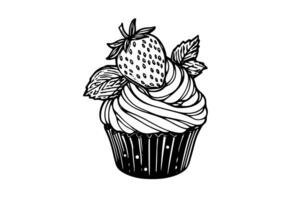 Cupcake mit Beeren im Gravur Stil. Tinte skizzieren isoliert auf Weiß Hintergrund. Hand gezeichnet Vektor Illustration foto