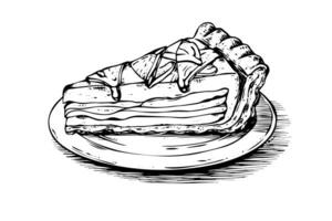 Stück von Apfel Kuchen Hand gezeichnet Gravur Stil Vektor Illustration. foto