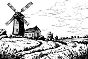 ländlich Landschaft mit ein Windmühle und Bauernhof. Hand gezeichnet Vektor Illustration im Gravur Stil. foto