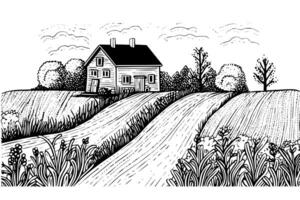 ländlich Landschaft mit ein Bauernhof im Gravur Stil. Hand gezeichnet Vektor Illustration foto