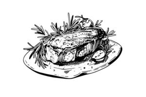 Fleisch Steak auf das Platte. Hand Zeichnung skizzieren Gravur Stil Vektor Illustration foto